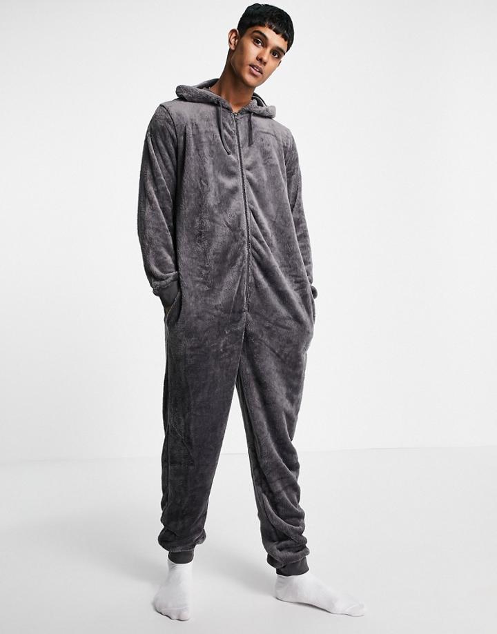 Asos Design Fleece Onesie In Charcoal-grey