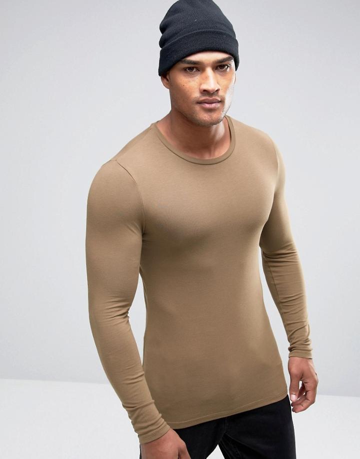 Asos Extreme Muscle Long Sleeve T-shirt With Crew Neck In Beige - Brow