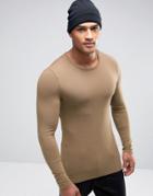 Asos Extreme Muscle Long Sleeve T-shirt With Crew Neck In Beige - Brow