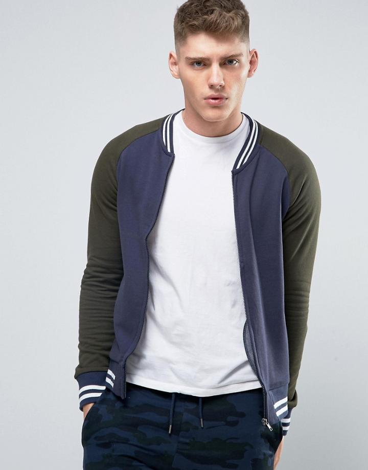 Brave Soul Baseball Zip Through Sweat Jacket - Navy