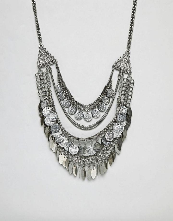 Asos Design Statement Coin And Chain Necklace - Silver