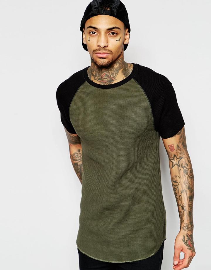 Asos Longline Muscle T-shirt With Contrast Raglan Sleeves In Waffle Fabric In Khaki