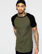 Asos Longline Muscle T-shirt With Contrast Raglan Sleeves In Waffle Fabric In Khaki