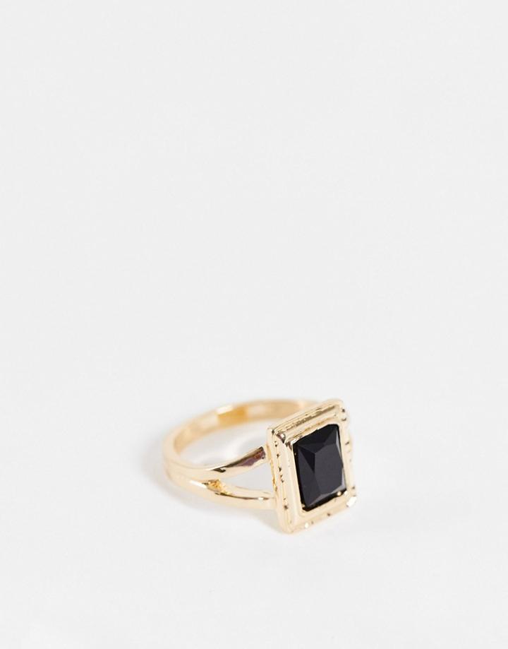 Topshop Set Black Stone Ring In Gold