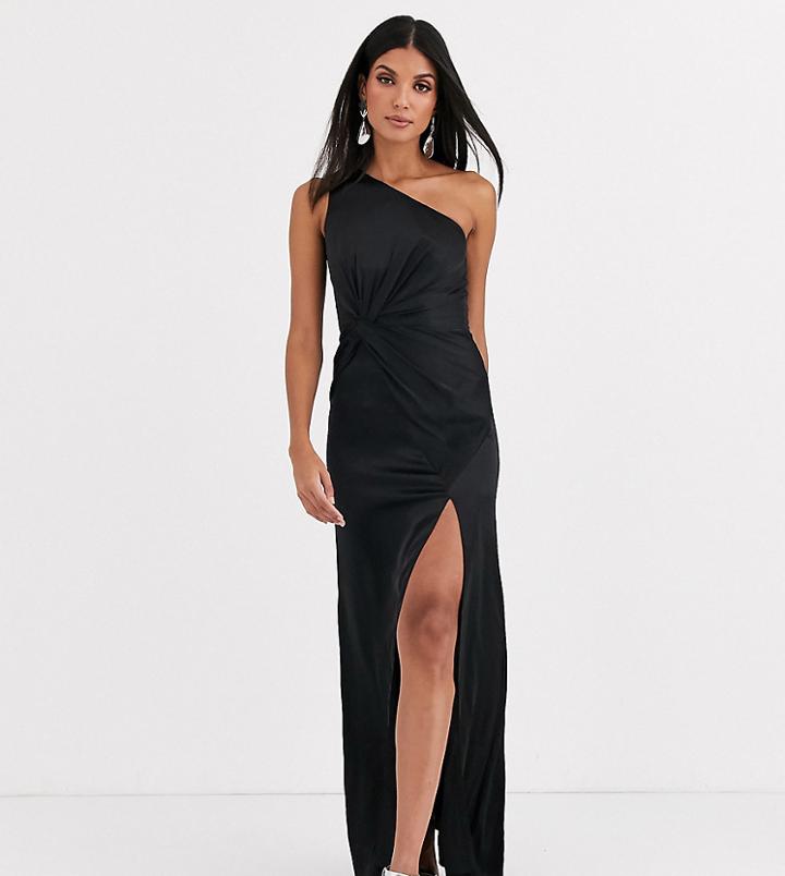 Jarlo Tall One Shoulder Satin Maxi Dress With Split In Black