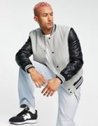 Asos Design Varsity Jacket With Contrast Faux Leather Sleeves In Gray-grey
