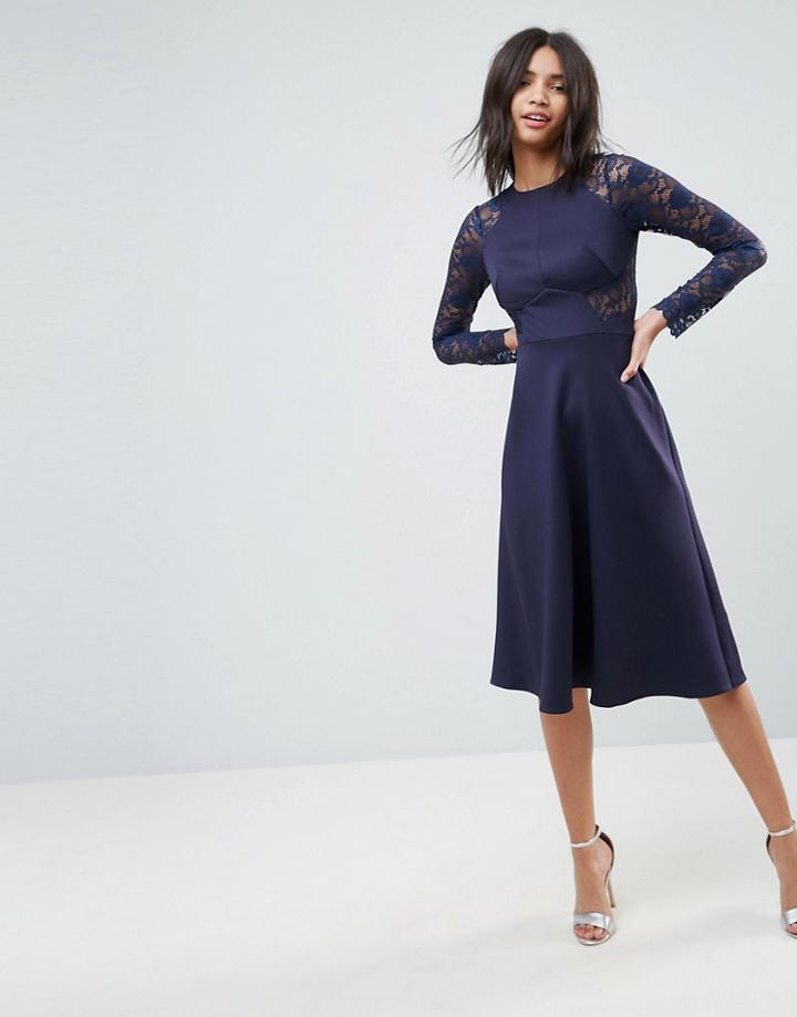Asos Premium Midi Scuba Skater Dress With Lace Sleeves - Navy