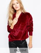 Story Of Lola Fluffy Faux Fur Crew Neck Sweater - Burgundy