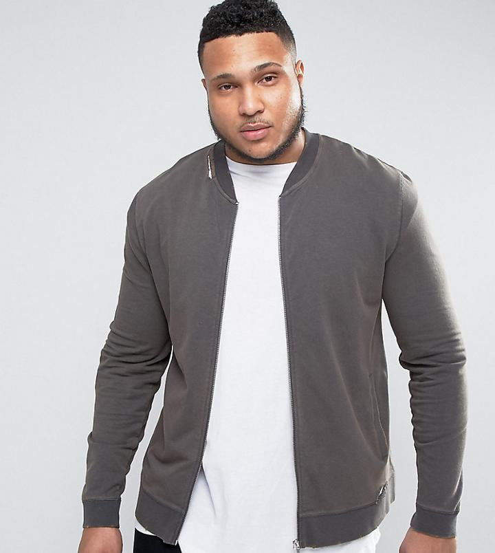 Asos Plus Muscle Fit Jersey Bomber Jacket With Distressing In Black - Black