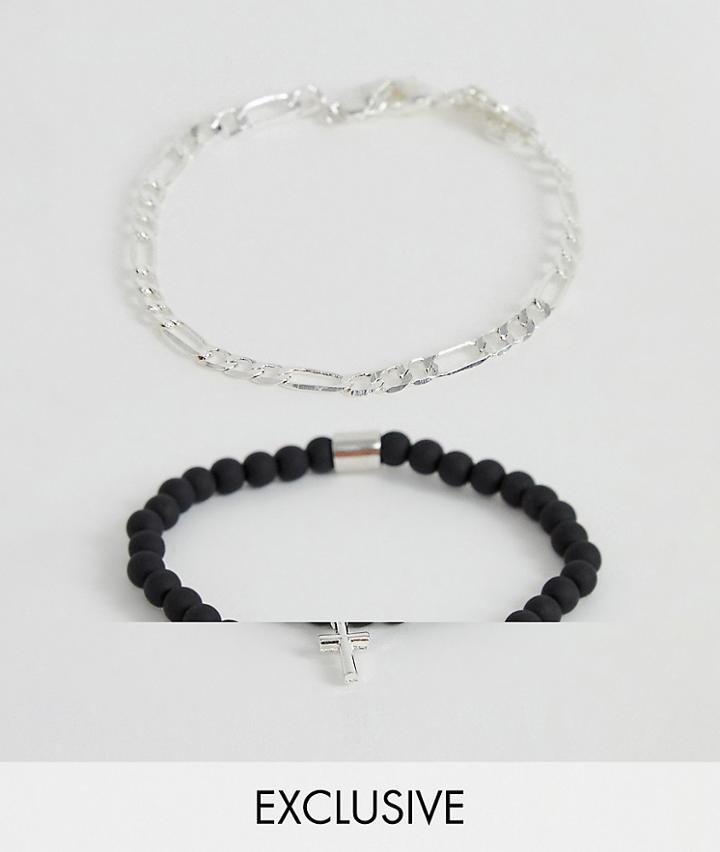Chained & Able Black Beaded Bracelet With Silver Chain In 2 Pack Exclusive To Asos - Multi