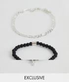 Chained & Able Black Beaded Bracelet With Silver Chain In 2 Pack Exclusive To Asos - Multi