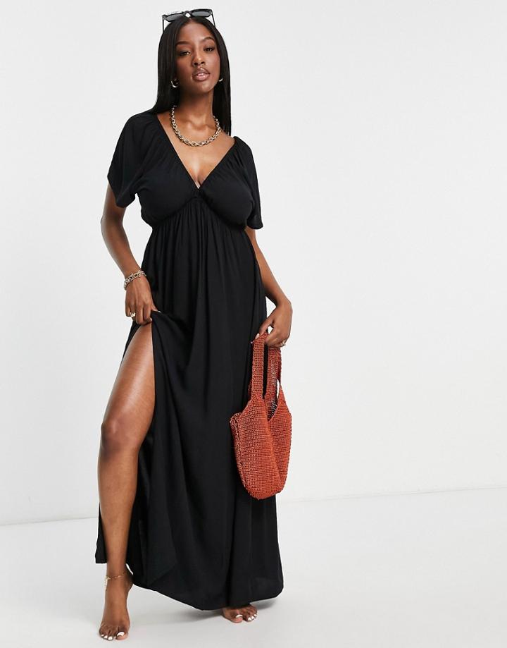 Asos Design Fuller Bust Recycled Flutter Sleeve Maxi Beach Dress In Black