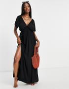 Asos Design Fuller Bust Recycled Flutter Sleeve Maxi Beach Dress In Black