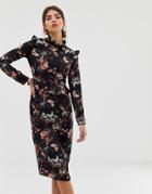 Hope & Ivy Floral Ruffle Neck Dress-navy