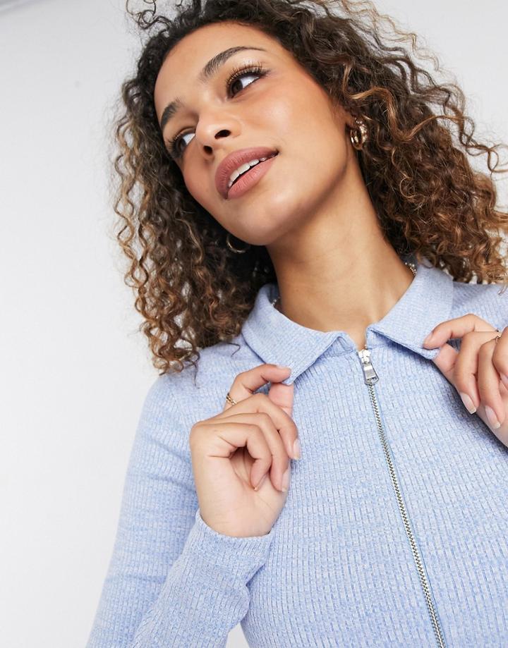 Stradivarius Ribbed Polo With Zip Tri-set In Blue-blues