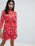 Asos Design Wrap Front Mini Dress With High Neck In Star Print - Multi