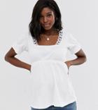 Asos Design Maternity Square Neck Top With Lace Trim-white