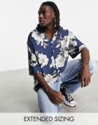 Asos Design Dropped Shoulder Oversized Camp Collar Shirt In Hawaiian Floral Print-navy
