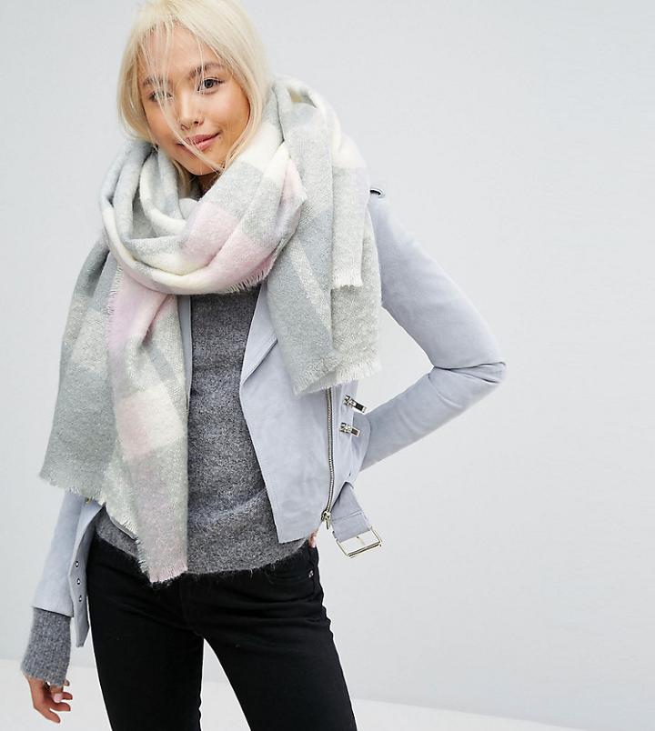 Stitch & Pieces Check Boucle Scarf With Tassels In Pink Check - Pink