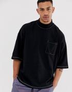 Asos Design High Neck Oversized T-shirt With Pocket And Contrast Stitching In Black - Black