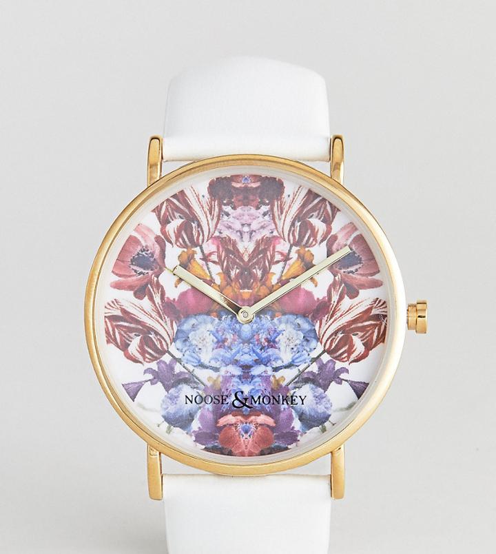 Noose & Monkey Watch With Leather Strap - White