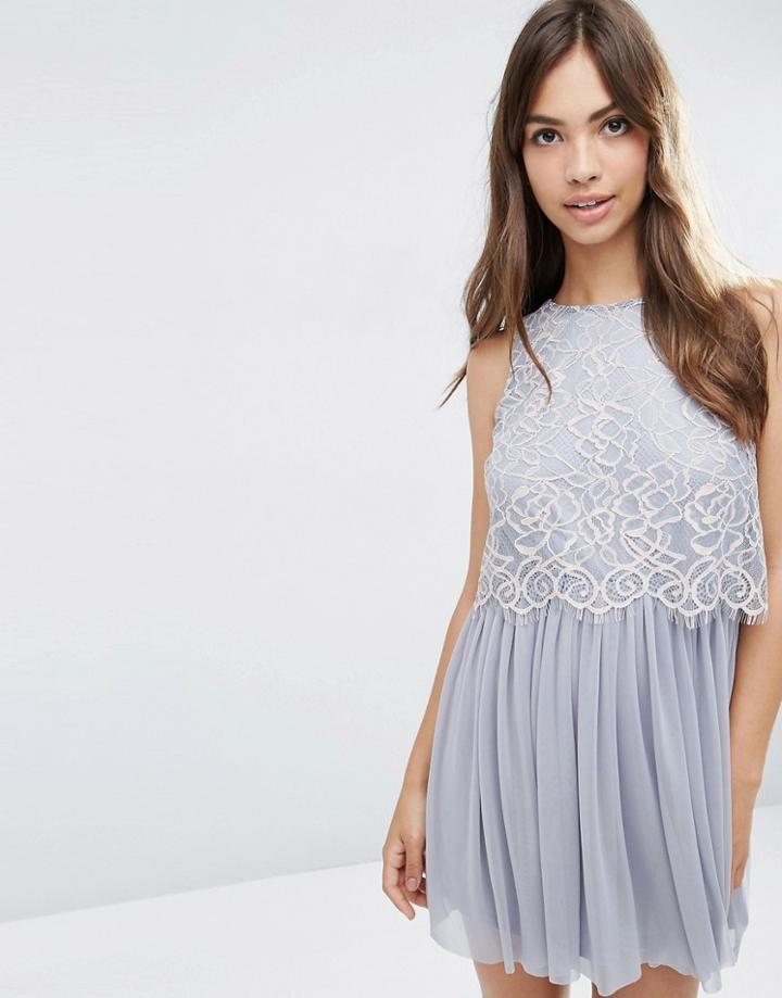 Asos Delicate Lace Crop Top Mesh Skater Prom Dress - Gray
