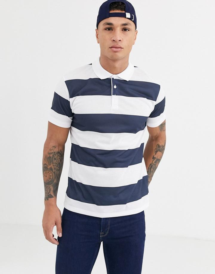 Asos Design Wide Stripe Polo In Navy And White-multi