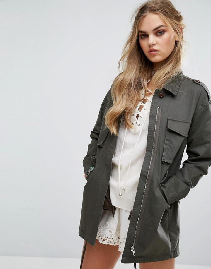 Honey Punch Oversized Military Coat Jacket - Green