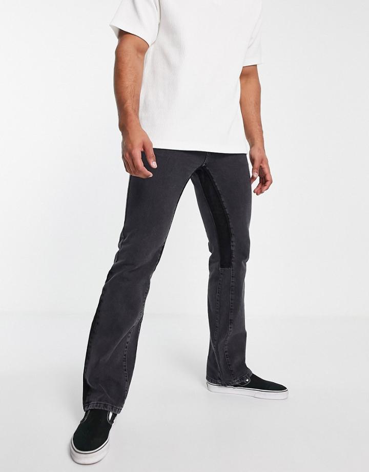 Topman Straight Flared Paneled Jeans In Washed Black