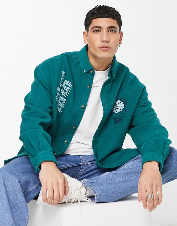 Asos Design 90s Oversized Flannel Shirt In Green With Basketball Embroidery