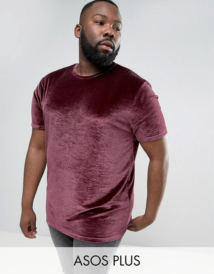 Asos Plus Longline T-shirt In Oxblood Velour - Red