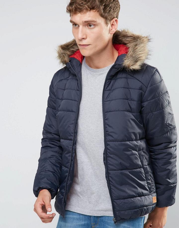 Jack & Jones Padded Jacket With Faux Fur Hood - Navy