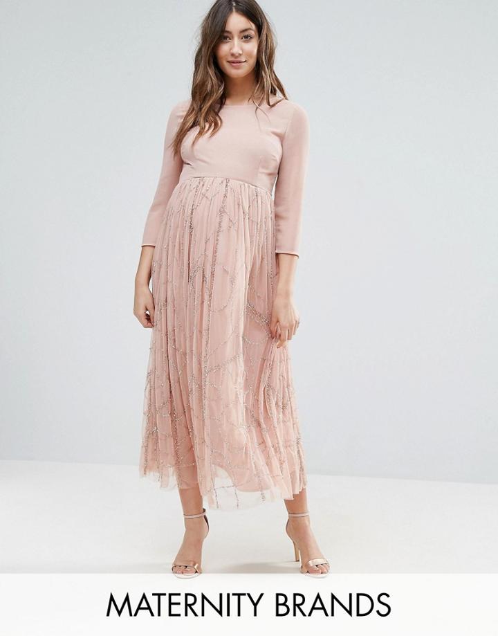 Maya Maternity Embellished Skirt Midi Dress - Pink