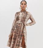Missguided Petite Shirt Dress With Side Splits In Snake - Brown