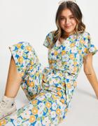 Monki Rocco Jumpsuit With Tie Waist In Retro Floral Print-multi