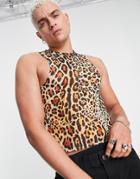 Asos Design Skinny Tank Top In Leopard Print Mesh With Cut Out In Recycled Polyester-black