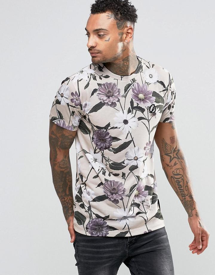 Criminal Damage T-shirt With All Over Floral Print - Beige