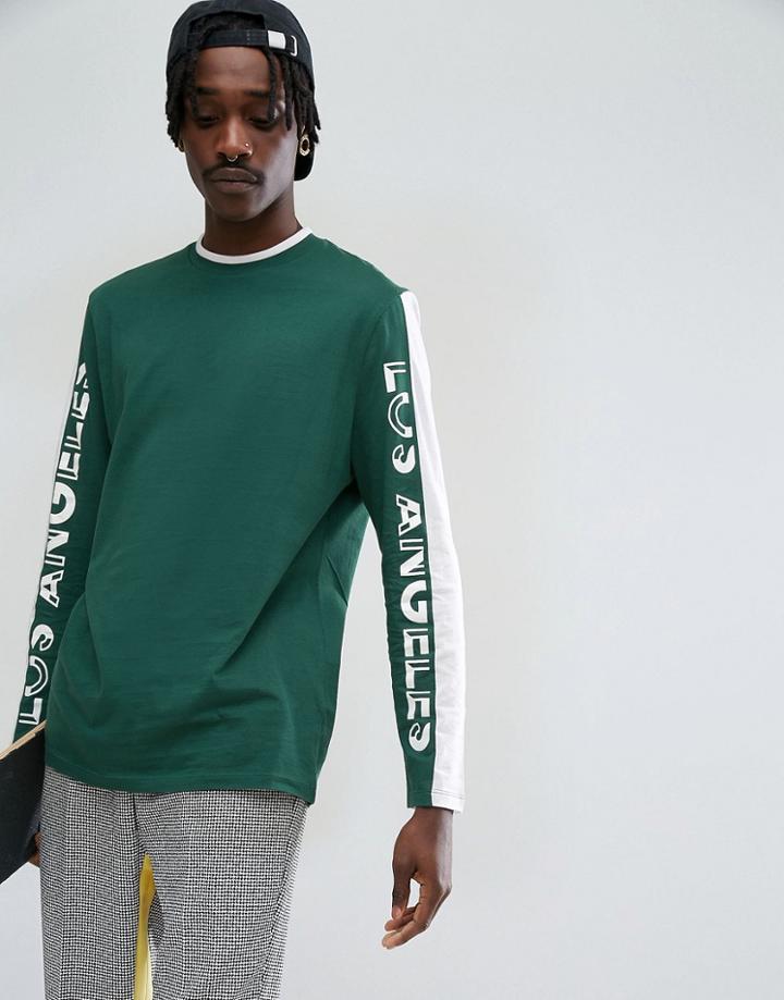 Asos Longline Long Sleeve T-shirt With Color Block Text Print Panels And Tipped Rib - Green