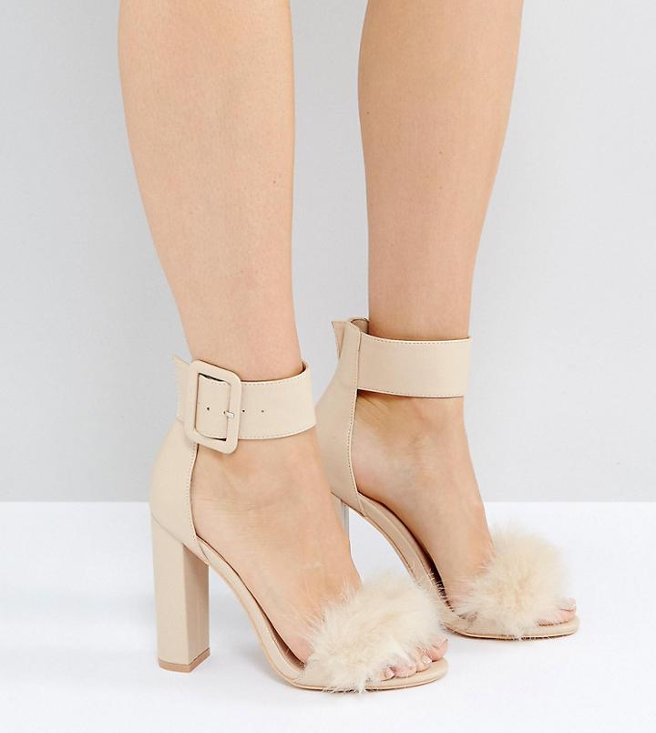 Public Desire Power Nude Faux Fur Block Heeled Sandals - Beige