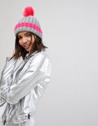Brave Sould Ribbed Hat With Faux Pom And Contrast Tipping In Hot Pink - Gray
