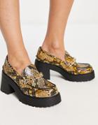 Asos Design Spicy Chunky Mid Heel Loafers With Chain In Lime Snake-green