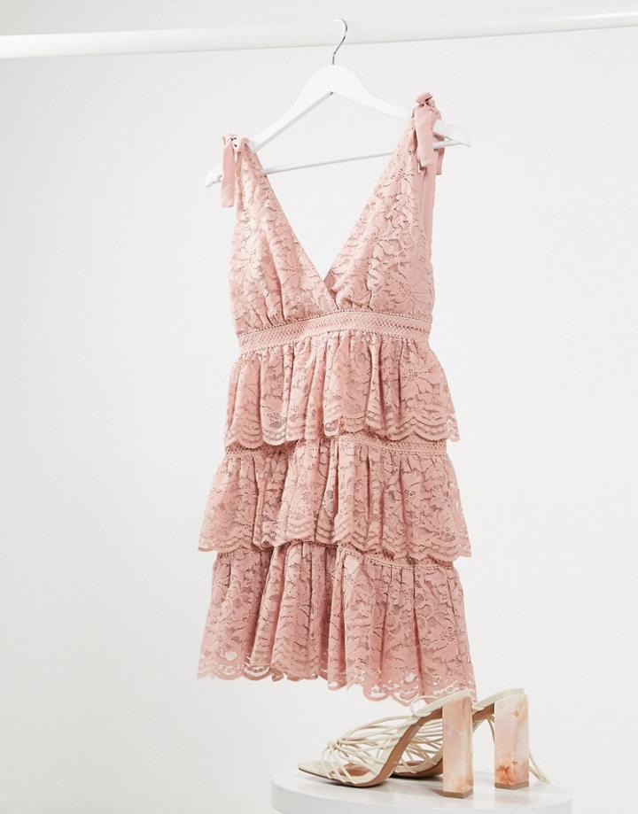 Bardot Lace Tiered Mini Dress In Dusty Pink