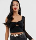 Asos Design Petite One Shoulder Long Sleeve Top With Twist Front - Black