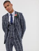 Asos Design Wedding Skinny Suit Jacket In Navy Plaid Check - Navy