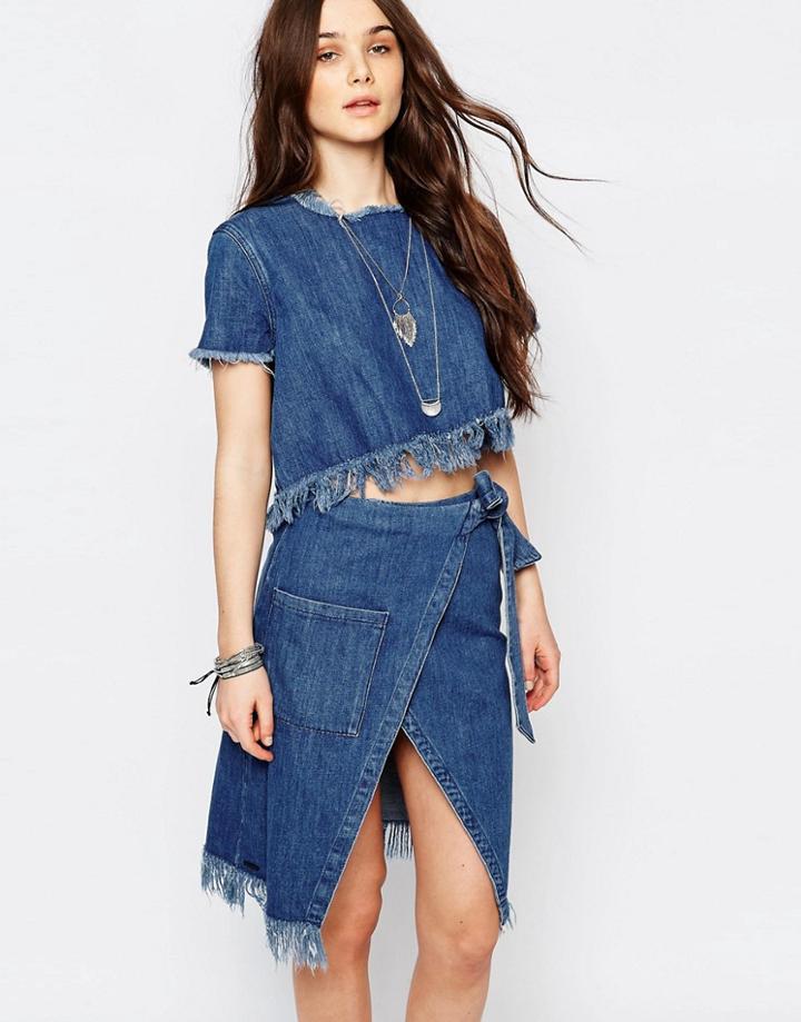 Pull & Bear Denim Fringe Top - Blue