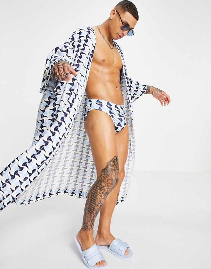 Asos Design Set Super Longline Kimono In Blue Tile Print-blues