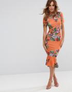 Asos T-shirt Orange Floral Midi Dress With Pephem - Multi