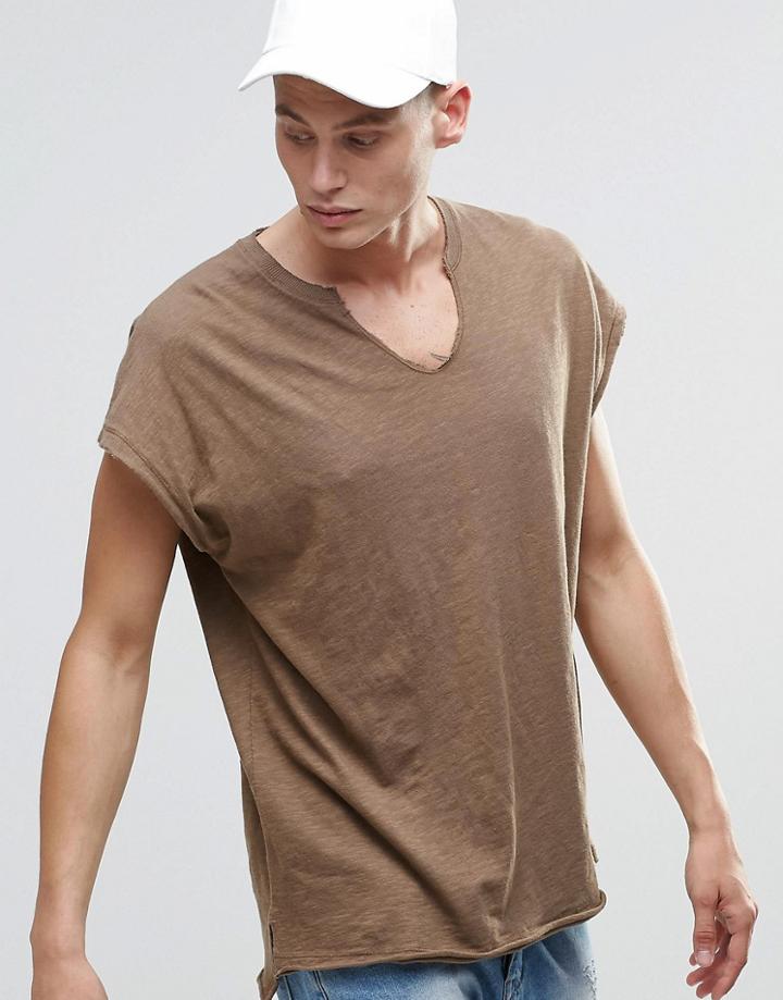 Asos Oversized Sleeveless T-shirt With Notch V Neck In Slub Textured Fabric - Coco Brown
