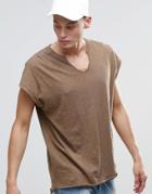 Asos Oversized Sleeveless T-shirt With Notch V Neck In Slub Textured Fabric - Coco Brown