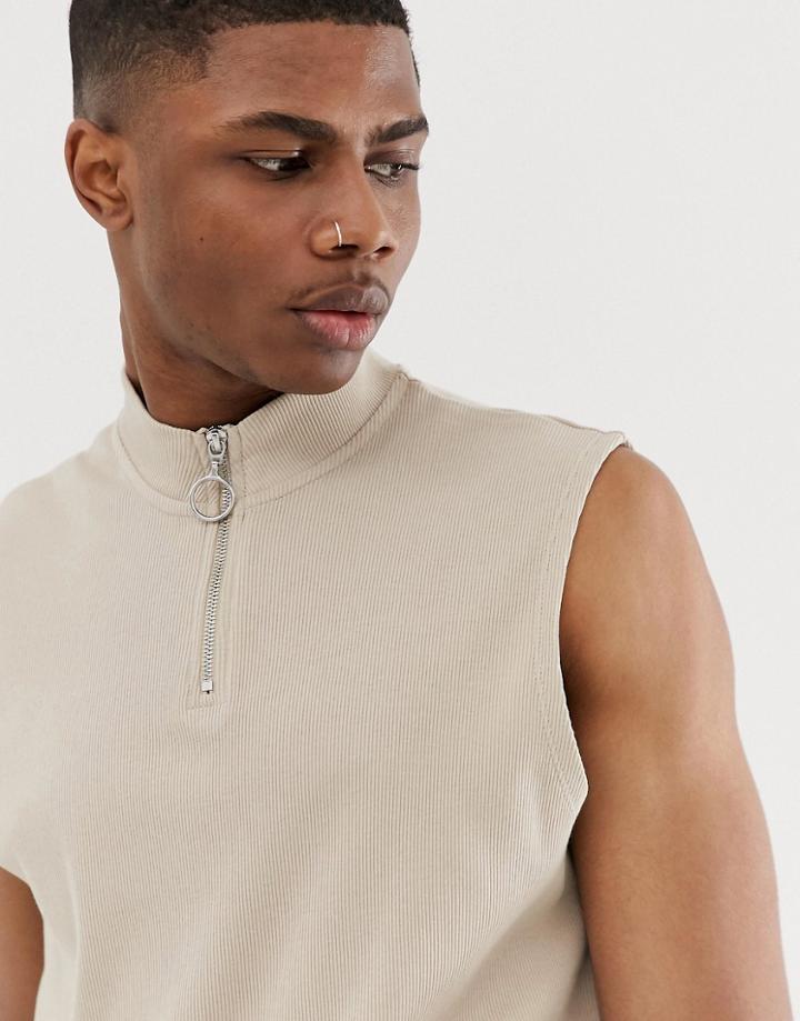 Asos Design Tank Tank In Rib With Turtle Zip Neck In Beige